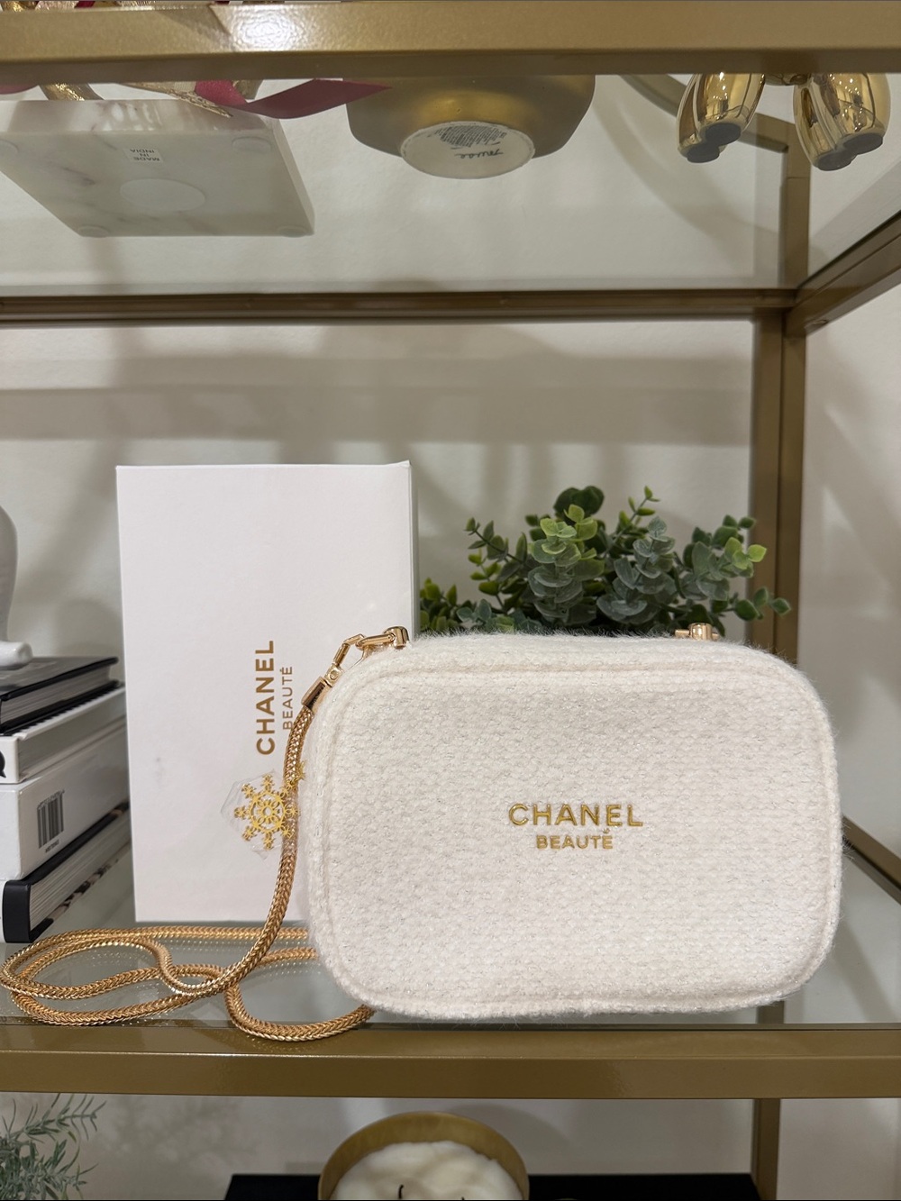 CHANEL Cream Bouclé Beaute Crossbody with Gold Chain